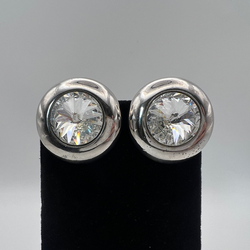 Vintage Erwin Pearl Crystal Rivoli Clip On Earrings Silver Tone 1.25" Signed